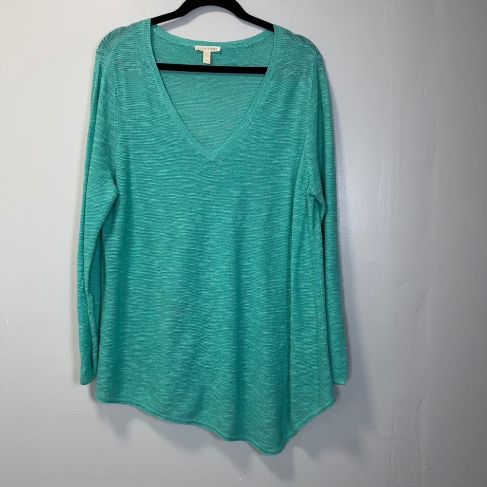 Eileen‎ Fisher Organic Cotton/Linen Blend Asymmetrical Long Sleeve Teal Shirt L
